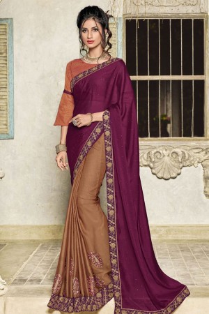 Classic Maroon and Brown Silk and Chiffon Designer Embroidered Saree