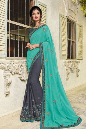 Beautiful Turquoise and Grey Silk and Chiffon Embroidered Designer Saree