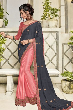 Pretty Grey and Pink Georgette and Chiffon Designer Embroidered Saree