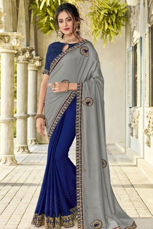 Charming Grey and Violet Silk and Georgette Embroidered Designer Saree