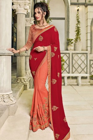 Desirable Red and Orange Silk and Georgette Embroidered Designer Saree