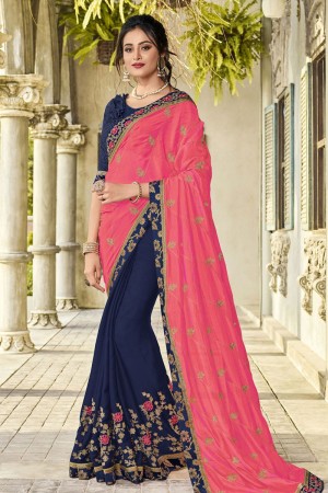Gorgeous Pink and Violet Chiffon and Georgette Designer Embroidered Saree