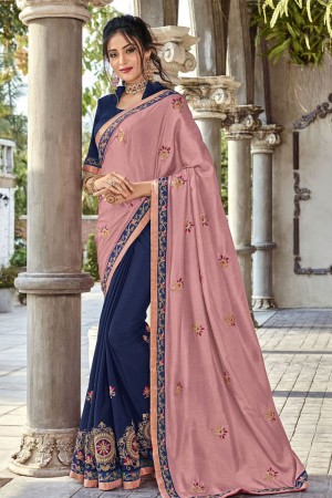 Ultimate Pink and Violet Silk and Chiffon Embroidered Designer Saree