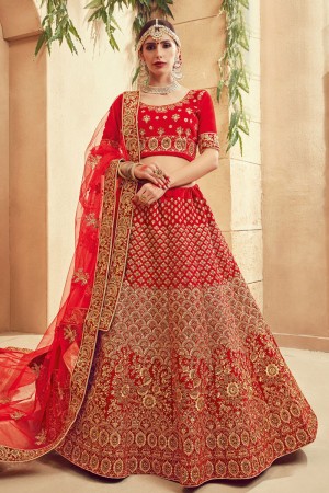 Stylish Red Silk Designer Bridal Lehenga with Net Dupatta