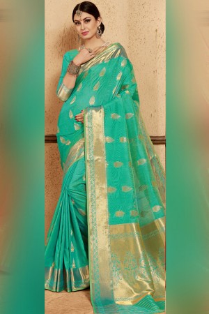 Stylish Turquoise Silk Designer Jaquard Work Saree
