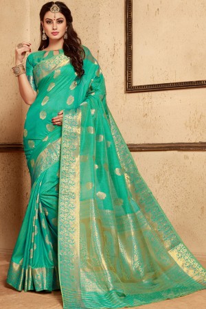 Gorgeous Turquoise Silk Jaquard Work Designer Saree