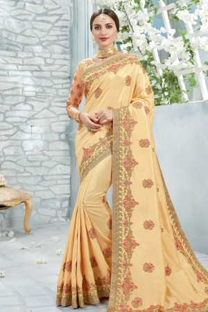 Admirable Beige Silk Designer Jaquard Work Saree