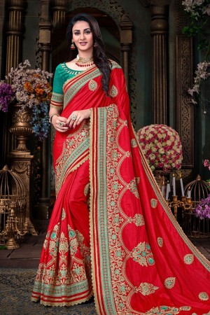 Lovely Red Art Silk Designer Jari and Thread Work Saree
