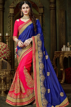Stylish Navy Blue and Pink Art Silk Designer Jari and Thread Work Saree
