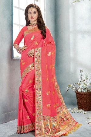Graceful Pink Jaquard Work Designer Silk Saree