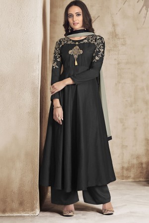 Desirable Black Maslin Embroidered Work Plazo Salwar Suit