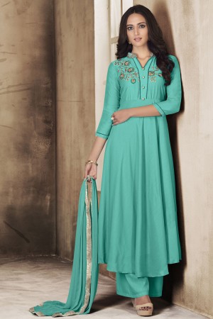 Classic Aqua Green Maslin Embroidered Work Plazo Salwar Suit 