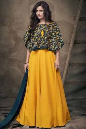 Pretty Yellow Silk Embroidered Work Long Length Gown