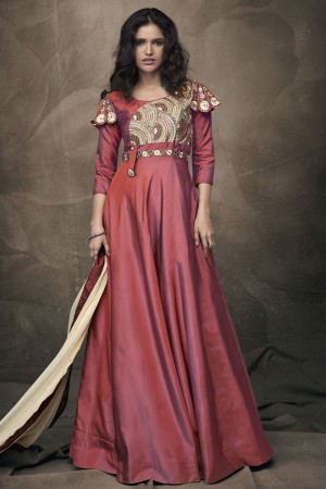 Classic Maroon Silk Embroidered Work Gown