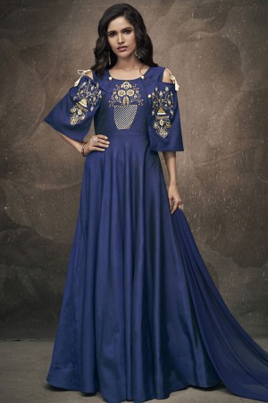 Excellent Navy Blue Silk Designer Long Length Party Wear Gown