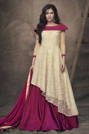 Charming Maroon and Off White Embroidered Work Long length Gown