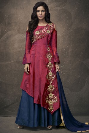 Ultimate Maroon and Navy Blue Embroidered Work Gown