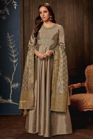 Classic Beige Silk Embroidered Work Long Length Anarkali Salwar Suit