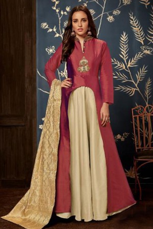 Excellent Maroon and Cream Silk Long Length Designer Anarkali Salwar Suit