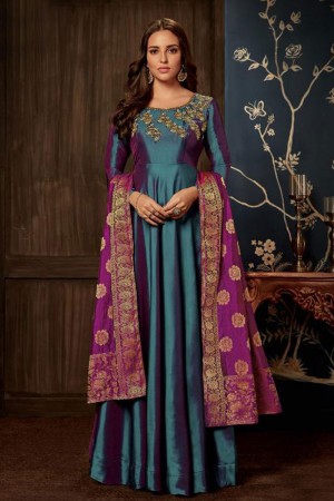 Stylish Teal Embroidered Work Long length Anarkali Salwar Suit