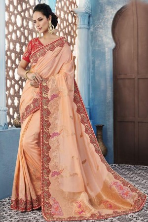 Gorgeous Peach Silk Embroidered Designer Saree