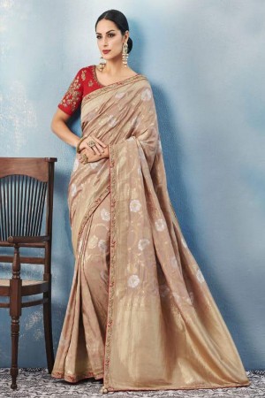 Charming Cream Silk Embroidered Designer Saree