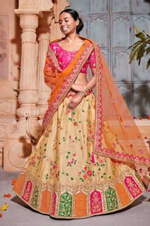 Excellent Cream Silk and Jacquard Embroidered Work Lehenga Choli With Silk and Jacquard Dupatta