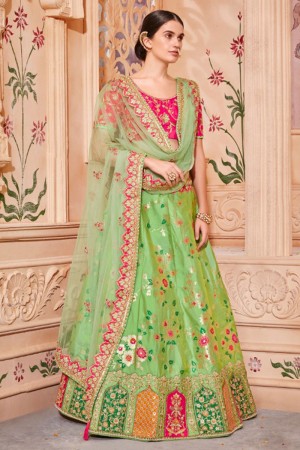 Admirable Green Silk and Jacquard Embroidered Lehenga Choli with Silk and Jacquard Dupatta
