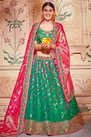 Charming Green Silk and Jacquard Embroidered Work Designer Lehenga Choli