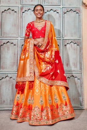 Beautiful Orange Silk and Jacquard Embroidered Work Designer Lehenga Choli