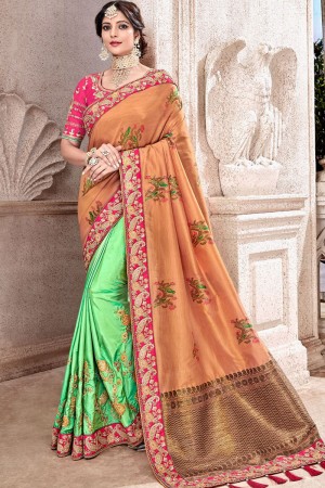 Optimum Orange and Green Silk Embroidered Wedding Saree With Banglori Silk Blouse
