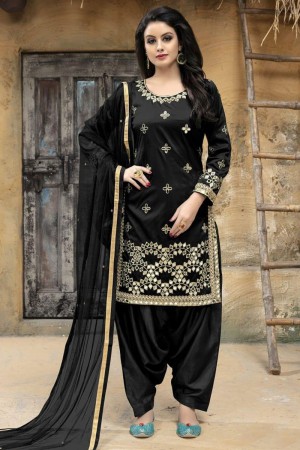 Gorgeous Black Silk Designer Embroidered Patiala Salwar Suit With Net Dupatta