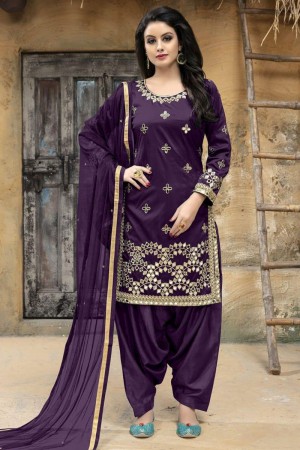 Pretty Purple Silk Embroidered Patiala Salwar Suit With Net Dupatta