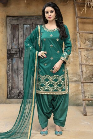 Graceful Green Designer Embroidered Patiala Salwar Suit With Net Dupatta