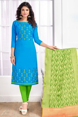 Beautiful Sky Blue Cotton Embroidered Work Salwar Suit 
