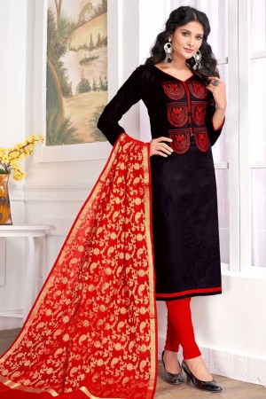 Excellent Black Cotton Embroidered Work Salwar Suit With Banarasi Silk Dupatta