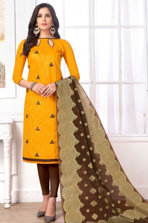 Desirable Yellow Cotton Designer Embroidered Work Salwar Suit