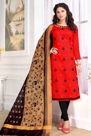 Admirable Red Cotton Embroidered Work Salwar Suit