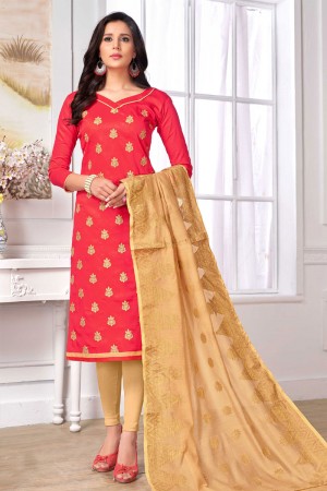 Pretty Pink Cotton Embroidered Work Salwar Suit With Banarasi Silk Dupatta