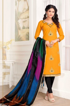 Stylish Yellow Cotton Embroidered Work Casual Salwar Suit