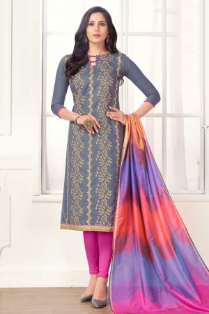 Supreme Grey Cotton Embroidered Work Casual Salwar Suit With Silk Dupatta