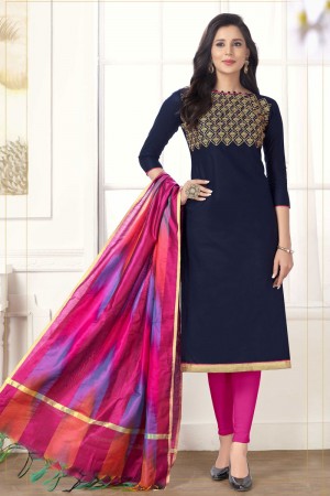 Gorgeous Blue Embroidered Work Casual Salwar Suit With Silk Dupatta