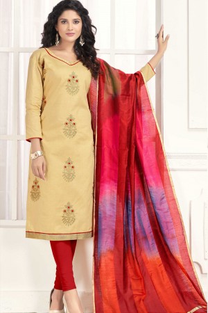 Excellent Beige Cotton Designer Embroidered Work Casual Salwar Suit