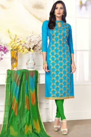 Graceful sky Blue Cotton Embroidered Work Casual Salwar Suit