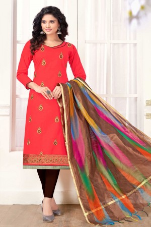 Beautiful Red Cotton Embroidered Work Casual Salwar Suit With Silk Dupatta
