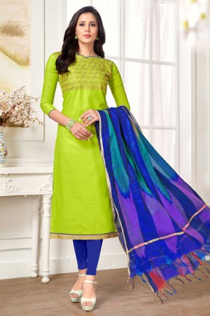 Pretty Green Cotton Embroidered Work Casual Salwar Suit