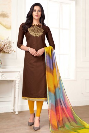 Lovely Brown Cotton Designer Embroidered Work Casual Salwar Suit With Silk Dupatta