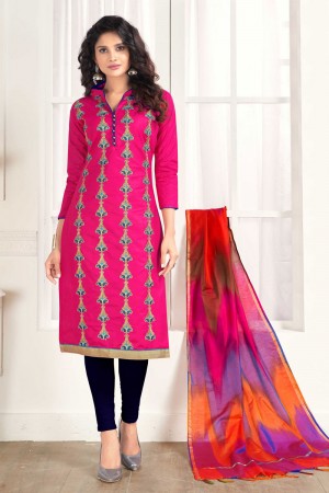 Charming Pink Cotton Embroidered Work Casual Salwar Suit With Silk Dupatta