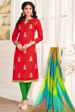 Ultimate Red Cotton Embroidered Work Casual Salwar Suit With Silk Dupatta