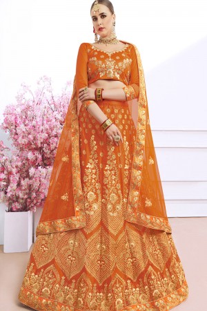 Desirable Orange Silk Designer Lehenga with Net Dupatta